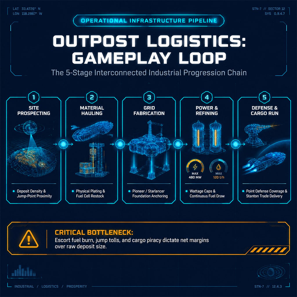 Schematic pipeline flowchart mapping site survey, raw material hauling, construction, power generation, and cargo transport Schematic pipeline flowchart mapping site survey, raw material hauling, construction, power generation, and cargo transport