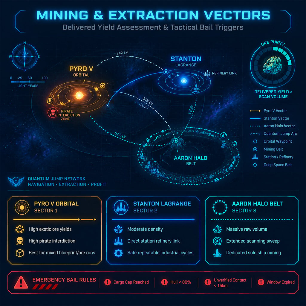 Navigation vector chart comparing mining runs between Pyro V, Stanton Lagrange stations, and the Aaron Halo asteroid field. Navigation vector chart comparing mining runs between Pyro V, Stanton Lagrange stations, and the Aaron Halo asteroid field.