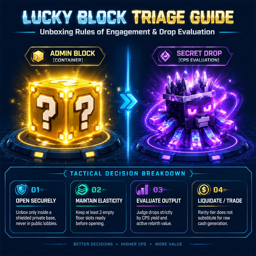 Comparison display of an Admin Lucky Block next to its unboxed rarity profile inside a protected base