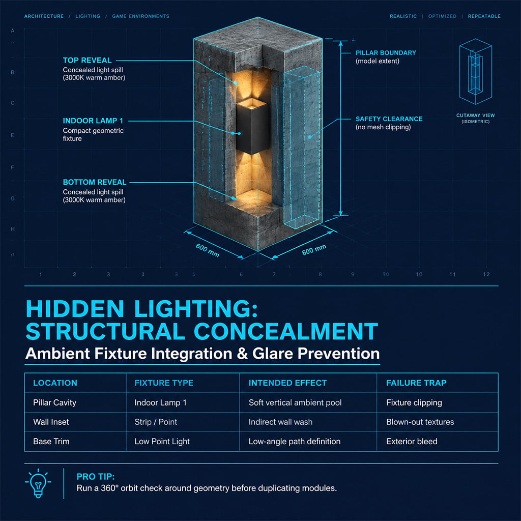 Cutaway diagram demonstrating an indoor lamp concealed inside a thick architectural pillar.