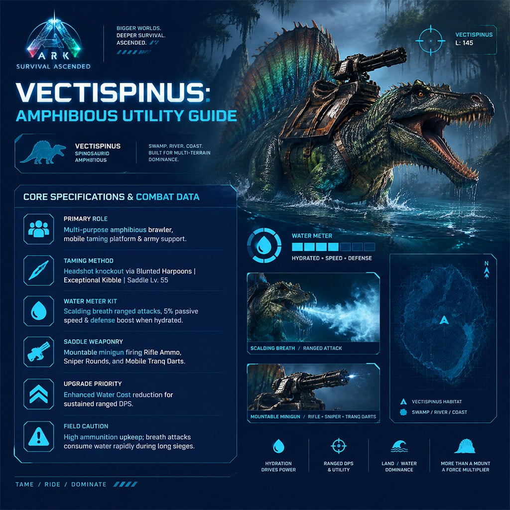 Large sail-backed Vectispinus roaring on a swamp shoreline equipped with a weaponized saddle