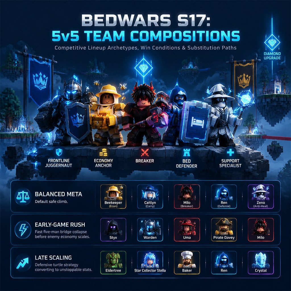 Full team lineup preparing on bridge in Roblox BedWars ranked match Full team lineup preparing on bridge in Roblox BedWars ranked match