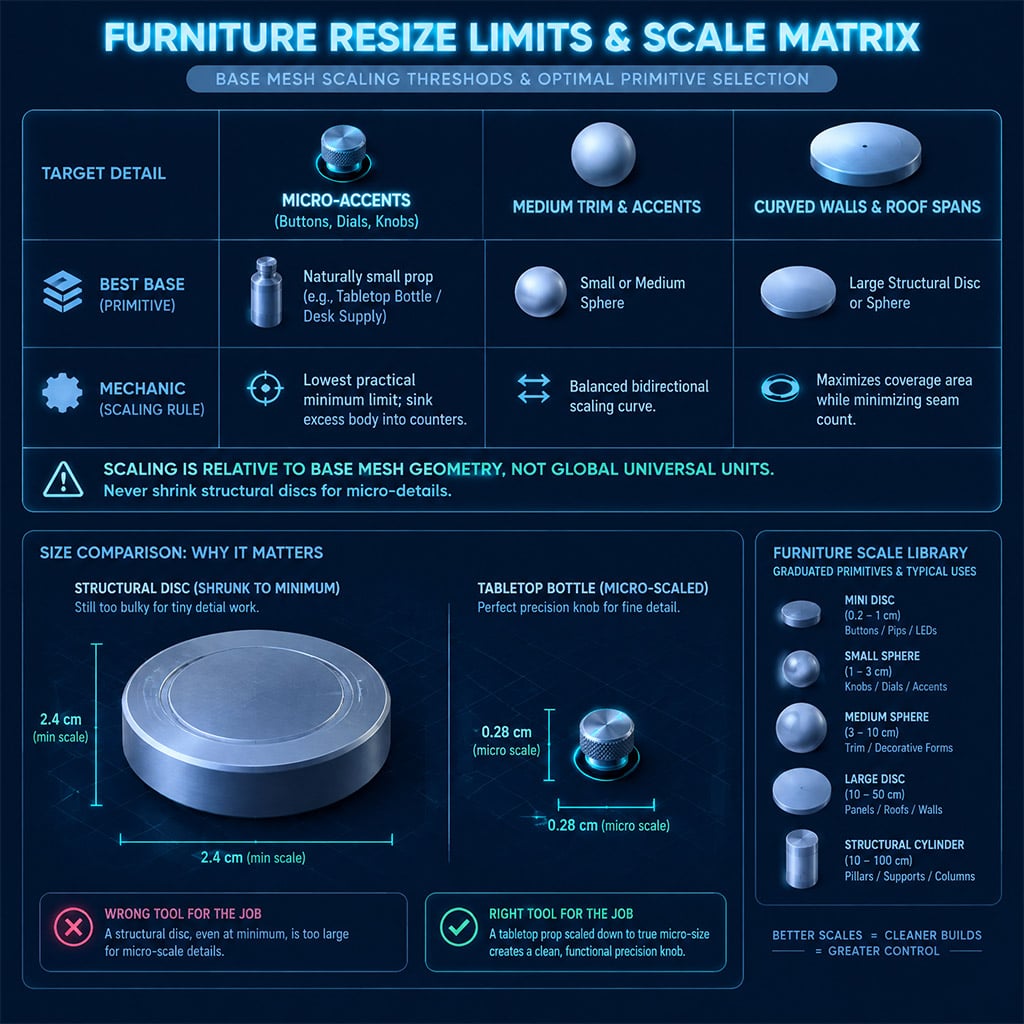 Visual comparison of small props and large discs scaled to their minimum limits in Adopt Me Build Mode Visual comparison of small props and large discs scaled to their minimum limits in Adopt Me Build Mode