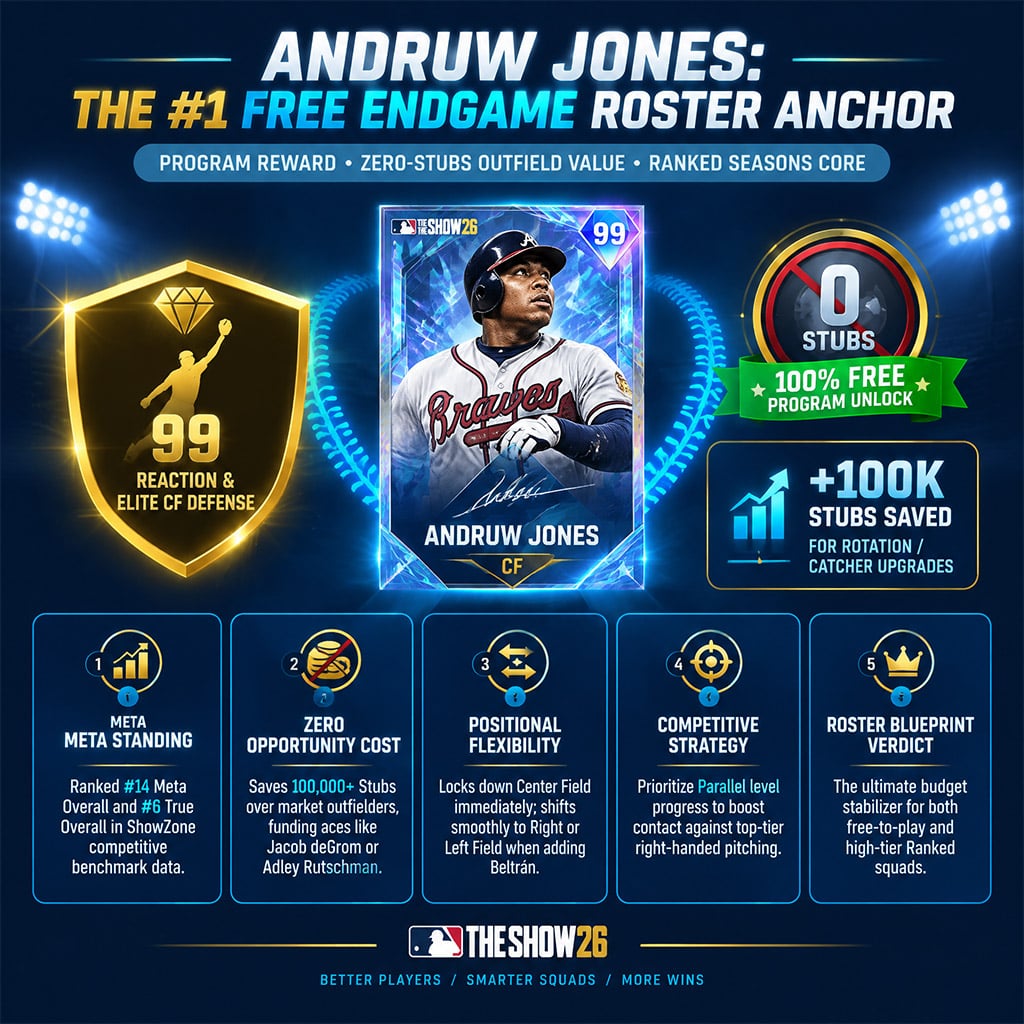 Statistical breakdown graphic showing Andruw Jones defensive rating and free program unlock path