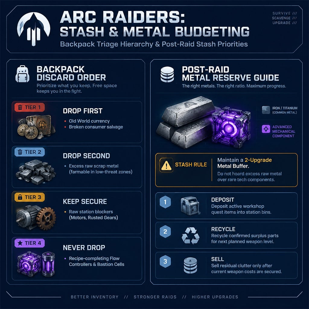 ARC Raiders inventory screen showing balanced stacks of Metal reserves and advanced components ARC Raiders inventory screen showing balanced stacks of Metal reserves and advanced components