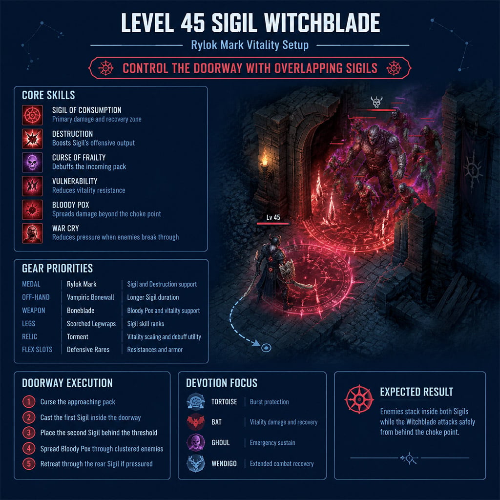 Level 45 Witchblade using Rylok Mark and overlapping Sigils at a dungeon doorway