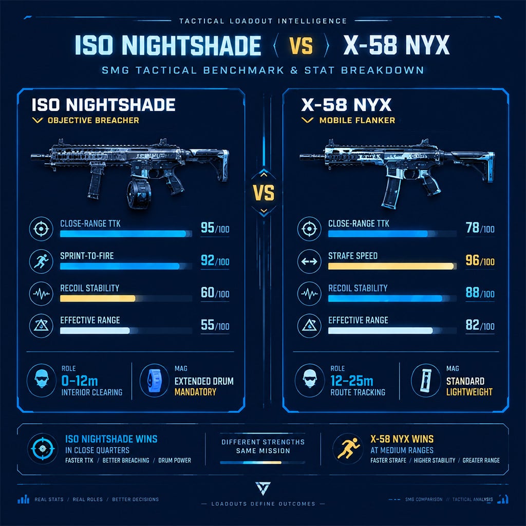 ISO Nightshade and X-58 Nyx compared for close-range pressure, mobility, recoil, and effective role