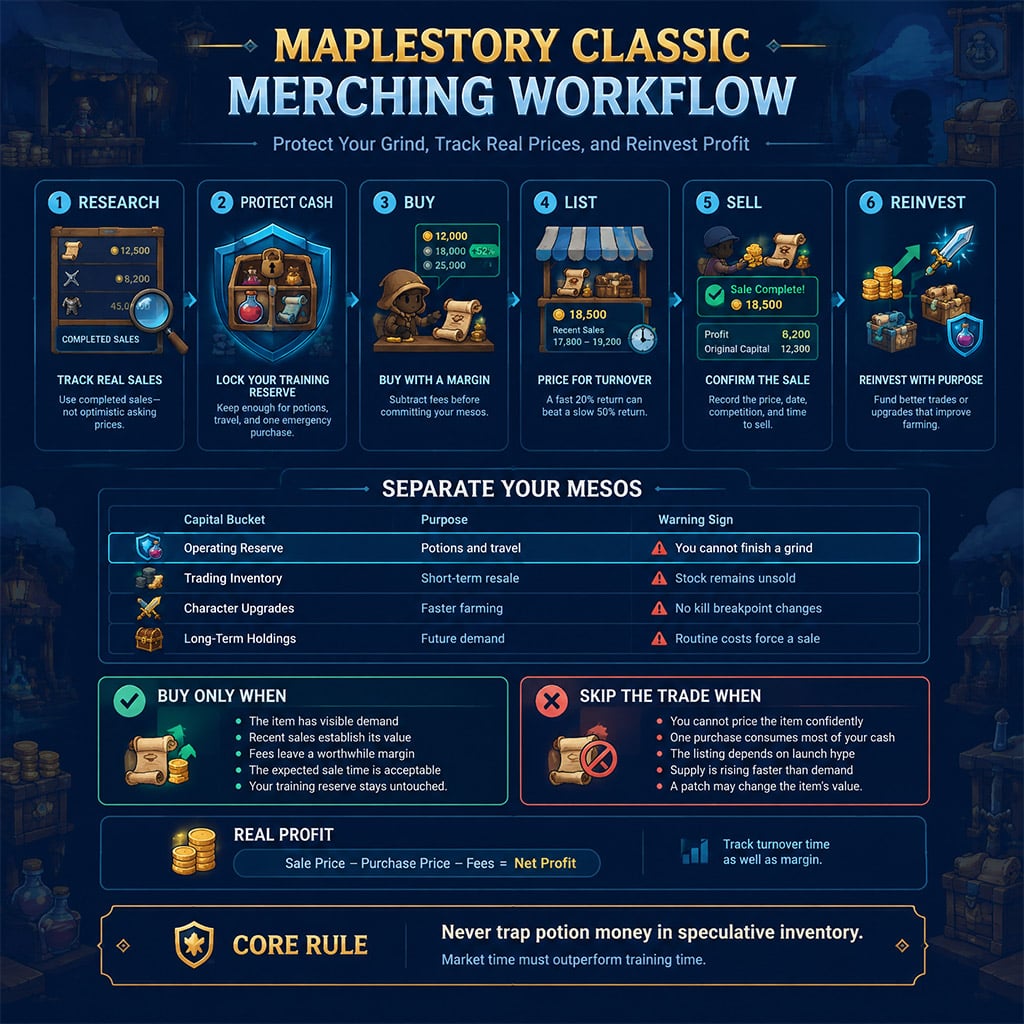 Merching workflow separating potion reserves from trading inventory and character upgrade funds