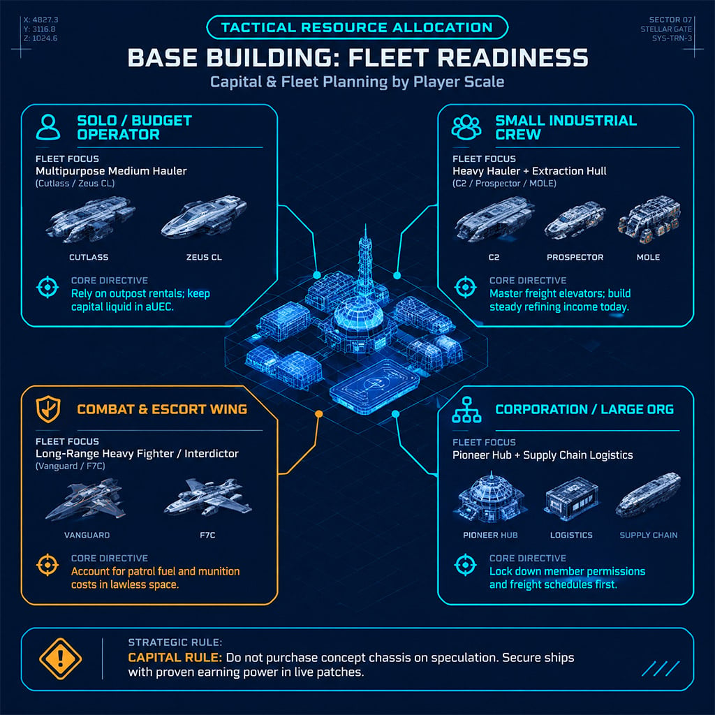 Strategy decision chart helping players decide between solo, industrial group, and organization fleet compositions for base construction Strategy decision chart helping players decide between solo, industrial group, and organization fleet compositions for base construction