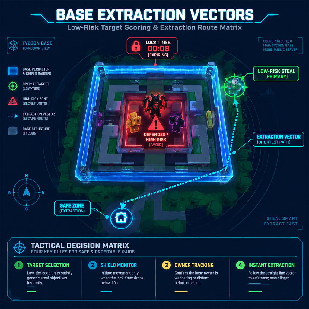 Strategic raid map of an opponent base highlighting perimeter units, shield timers, and the shortest extraction vector