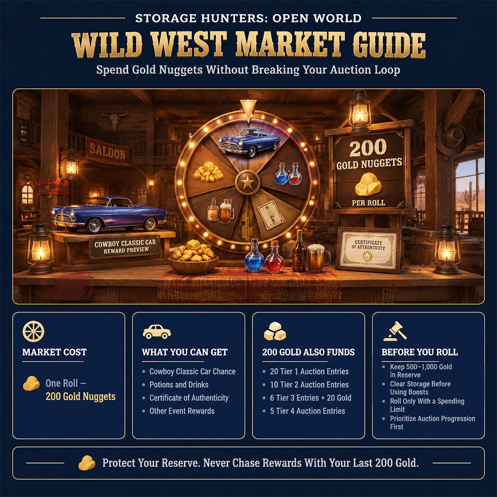 Wild West Market inside the Saloon showing the 200 Gold Nugget roll cost Wild West Market inside the Saloon showing the 200 Gold Nugget roll cost