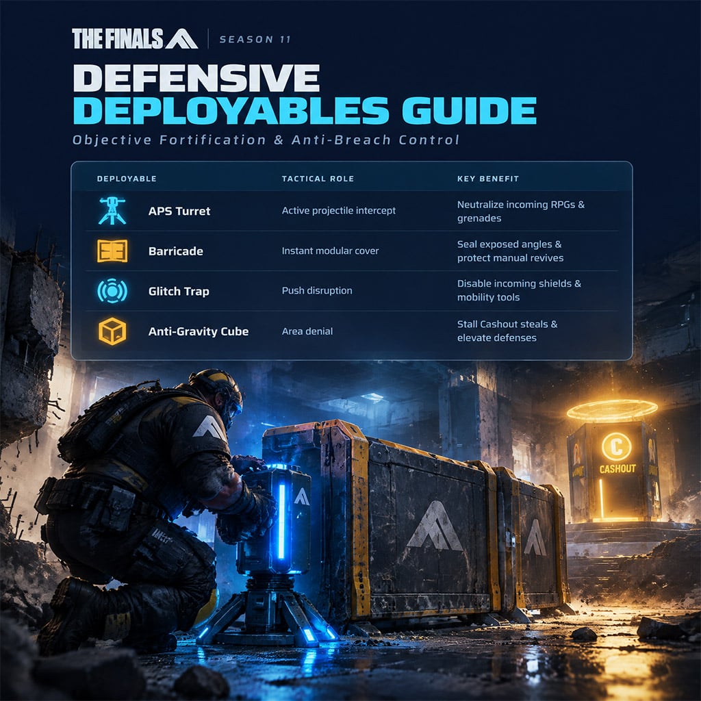 Heavy contestant placing defensive gadgets around a Cashout in THE FINALS Heavy contestant placing defensive gadgets around a Cashout in THE FINALS