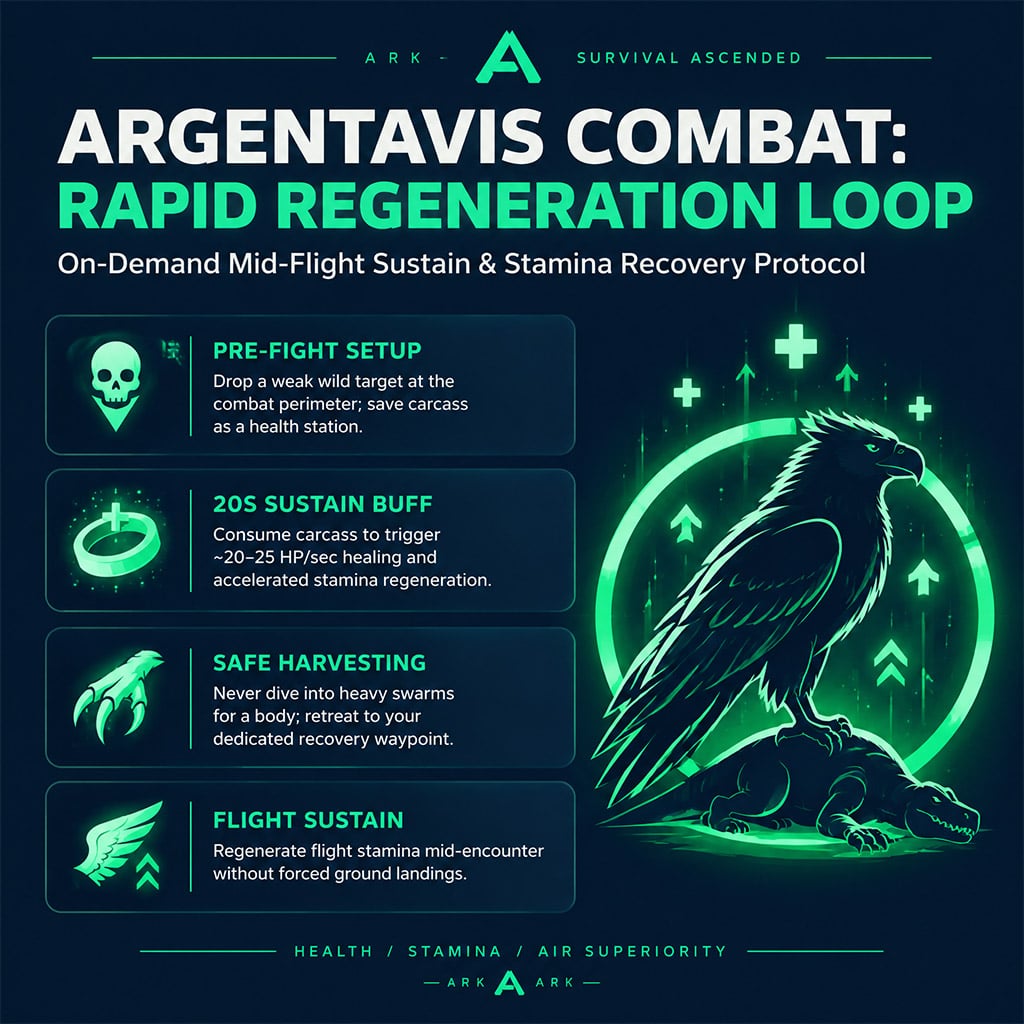 Argentavis glowing with a green healing aura after consuming a creature carcass Argentavis glowing with a green healing aura after consuming a creature carcass