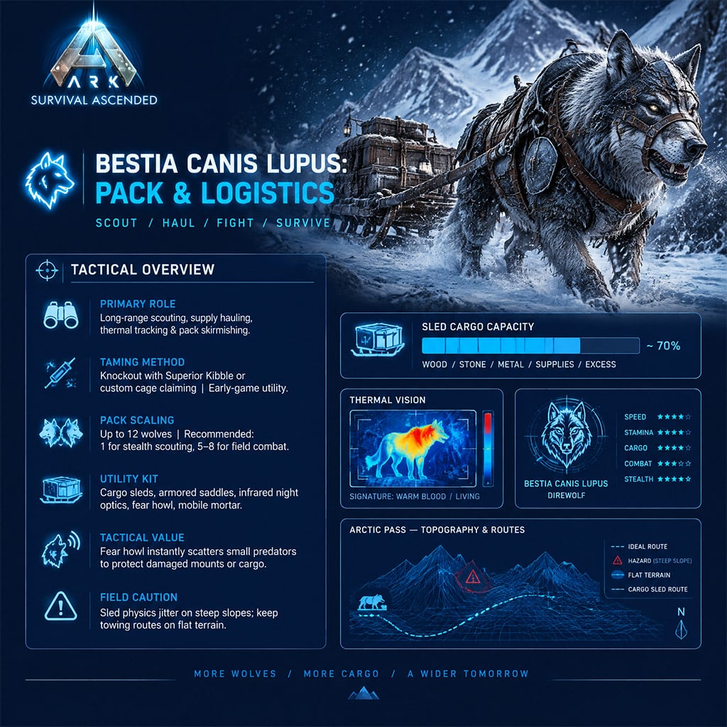 Armored giant wolf pulling a cargo sled across a frozen tundra landscape in ARK Ascended