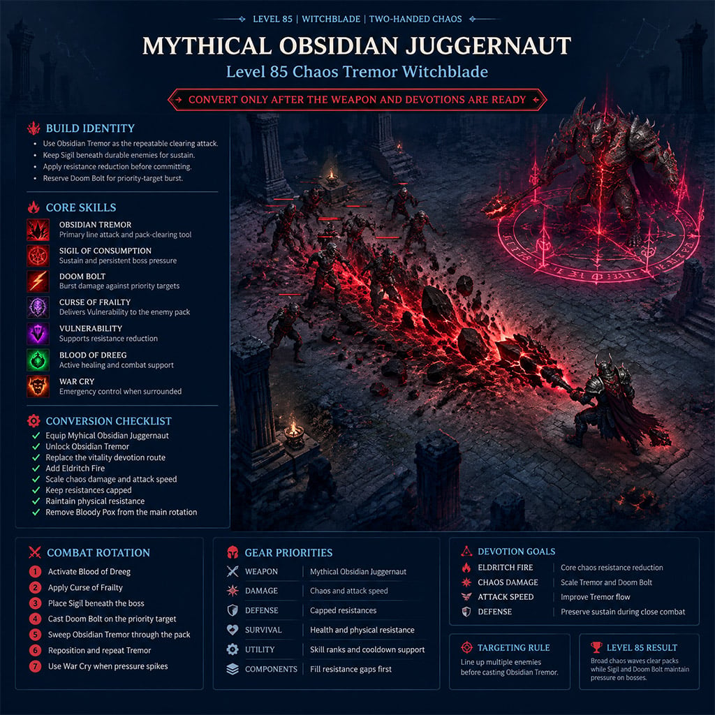 Level 85 Witchblade casting Obsidian Tremor through enemies while a boss stands inside Sigil