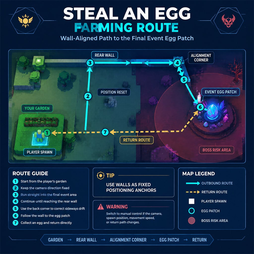 Wall-aligned route from the player's garden to the final event egg patch Wall-aligned route from the player's garden to the final event egg patch