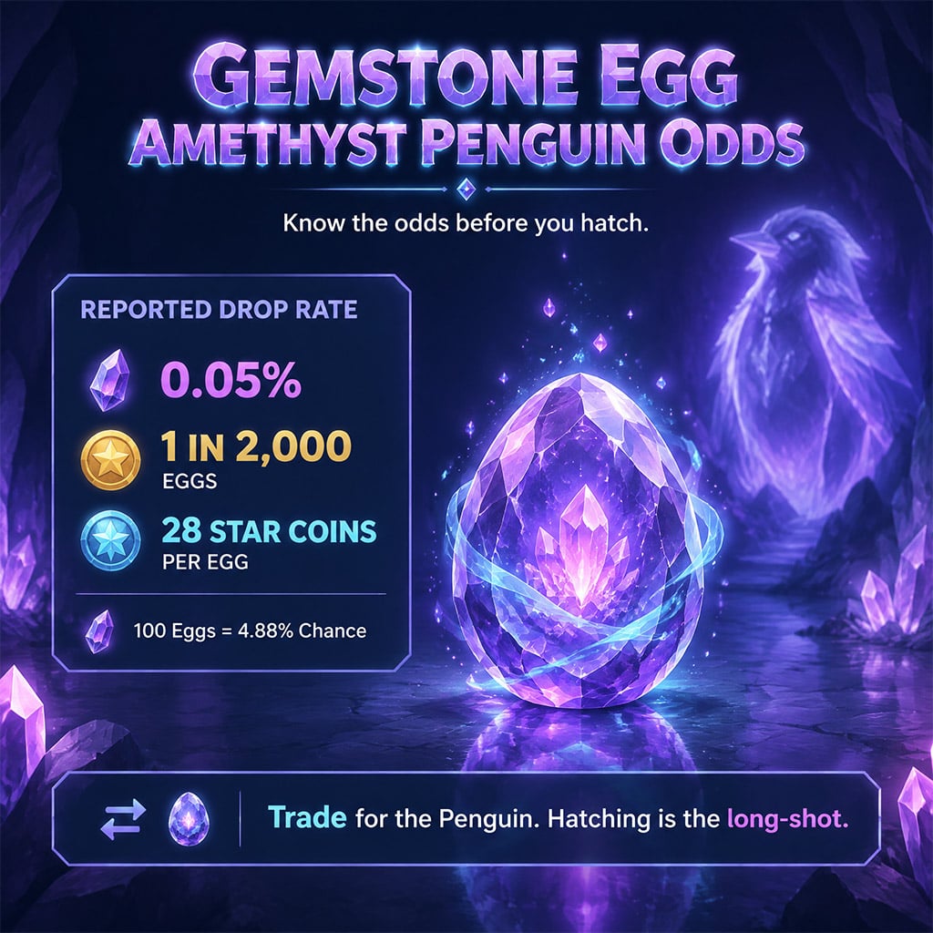 Gemstone Egg resting on purple crystal cave floor beside an Amethyst Penguin silhouette