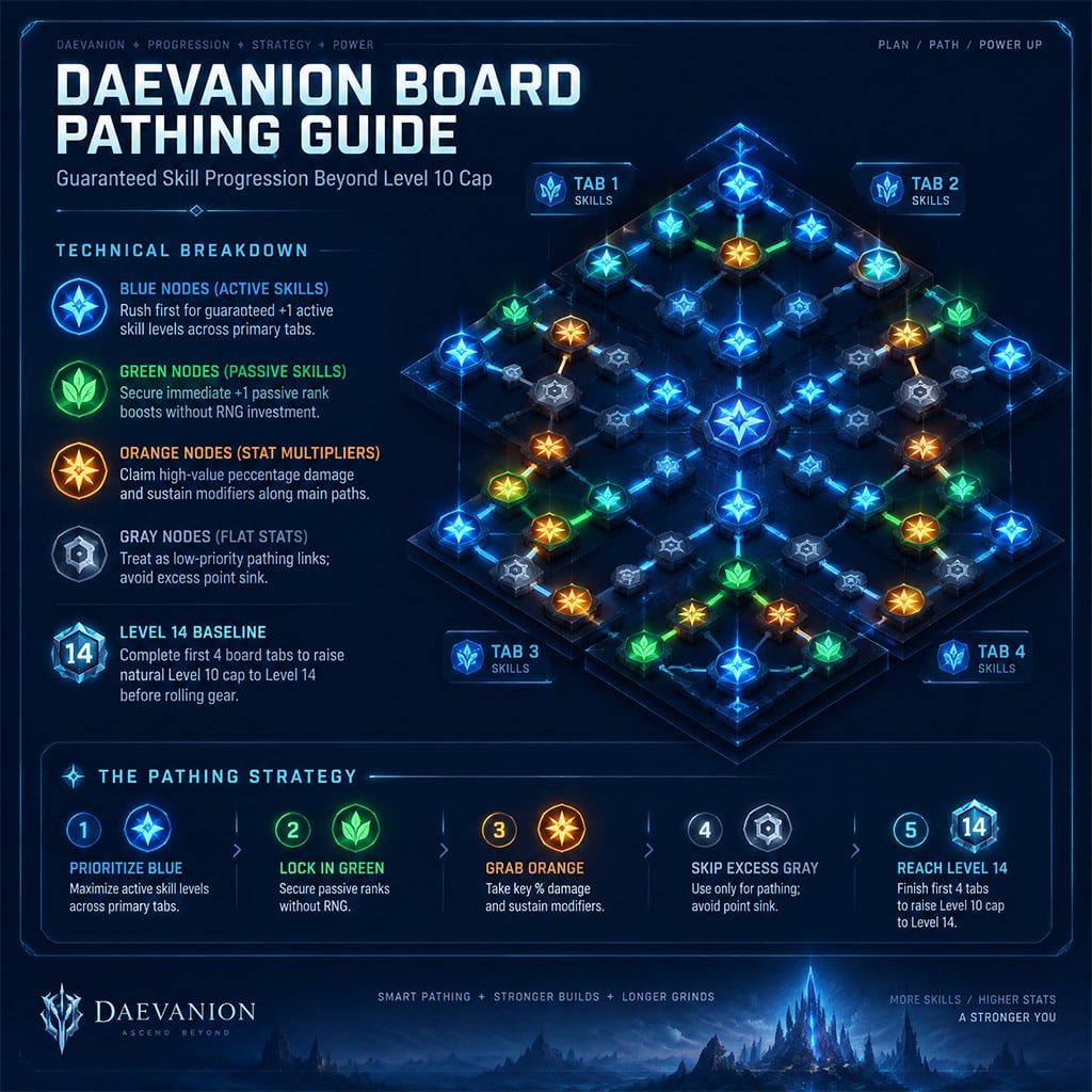 Daevanion Board layout highlighting blue active skill nodes and green passive skill nodes in AION 2 Daevanion Board layout highlighting blue active skill nodes and green passive skill nodes in AION 2