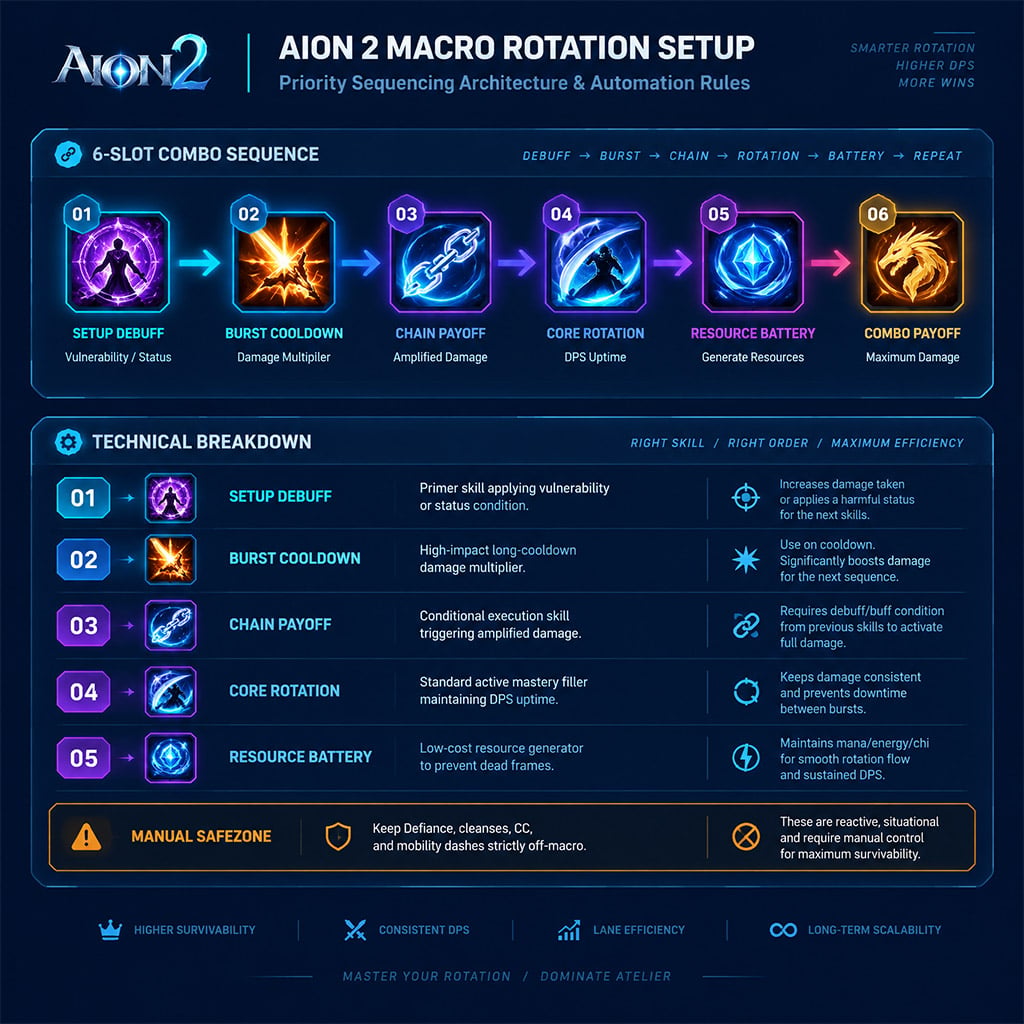 Action macro sequencing window in AION 2 showing priority order from setup debuffs to conditional payoffs Action macro sequencing window in AION 2 showing priority order from setup debuffs to conditional payoffs