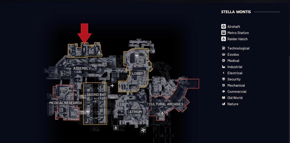 Map overview of Stella Montis highlighting suitcase farming routes across the Lobby, Business Center, and Atrium