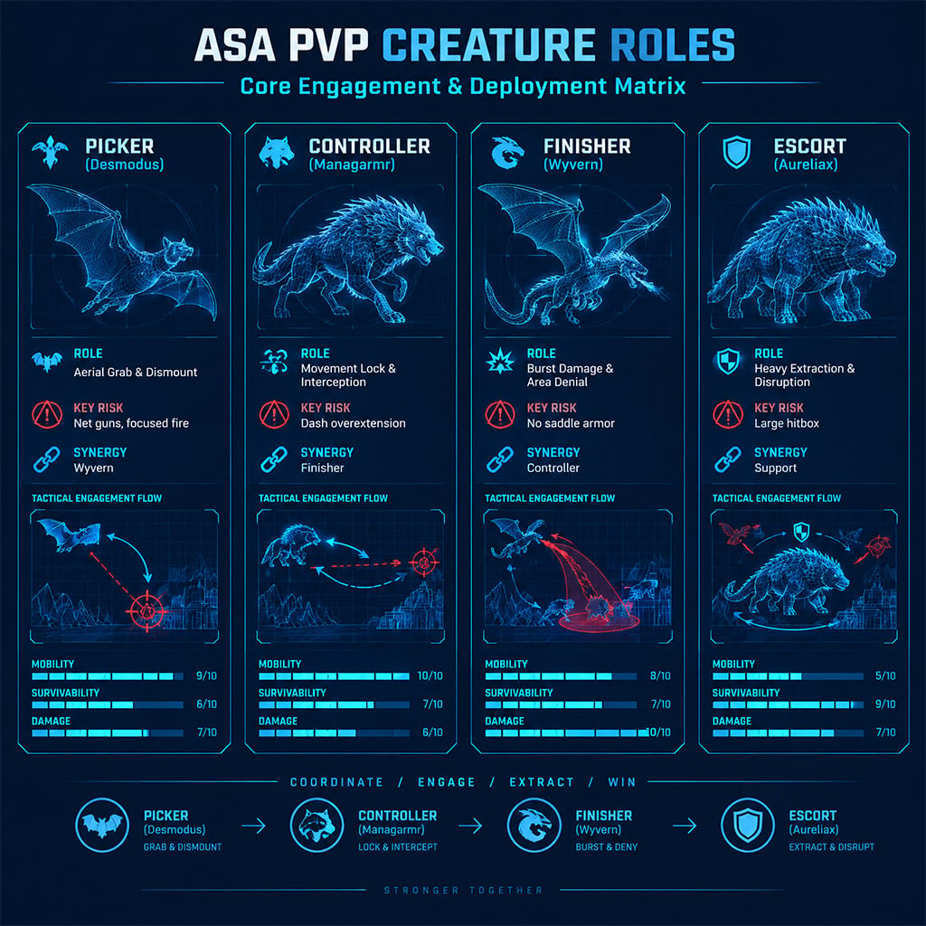 Tactical diagram showing picker, controller, finisher, and escort roles in an ASA PvP team formation