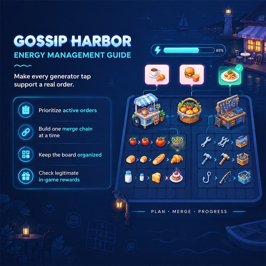 Organized Gossip Harbor Merge Board With Generators, Item Chains, And Active Orders