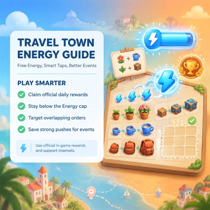 A Clean Travel Town Game Board Showing Energy Management, Item Merges, And Open Producer Space A Clean Travel Town Game Board Showing Energy Management, Item Merges, And Open Producer Space