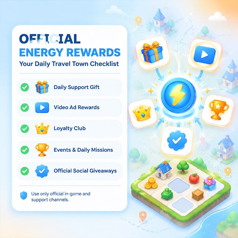 Checklist Of Official Travel Town Energy Sources Including Daily Gift, Ads, Events, And Loyalty Club Checklist Of Official Travel Town Energy Sources Including Daily Gift, Ads, Events, And Loyalty Club