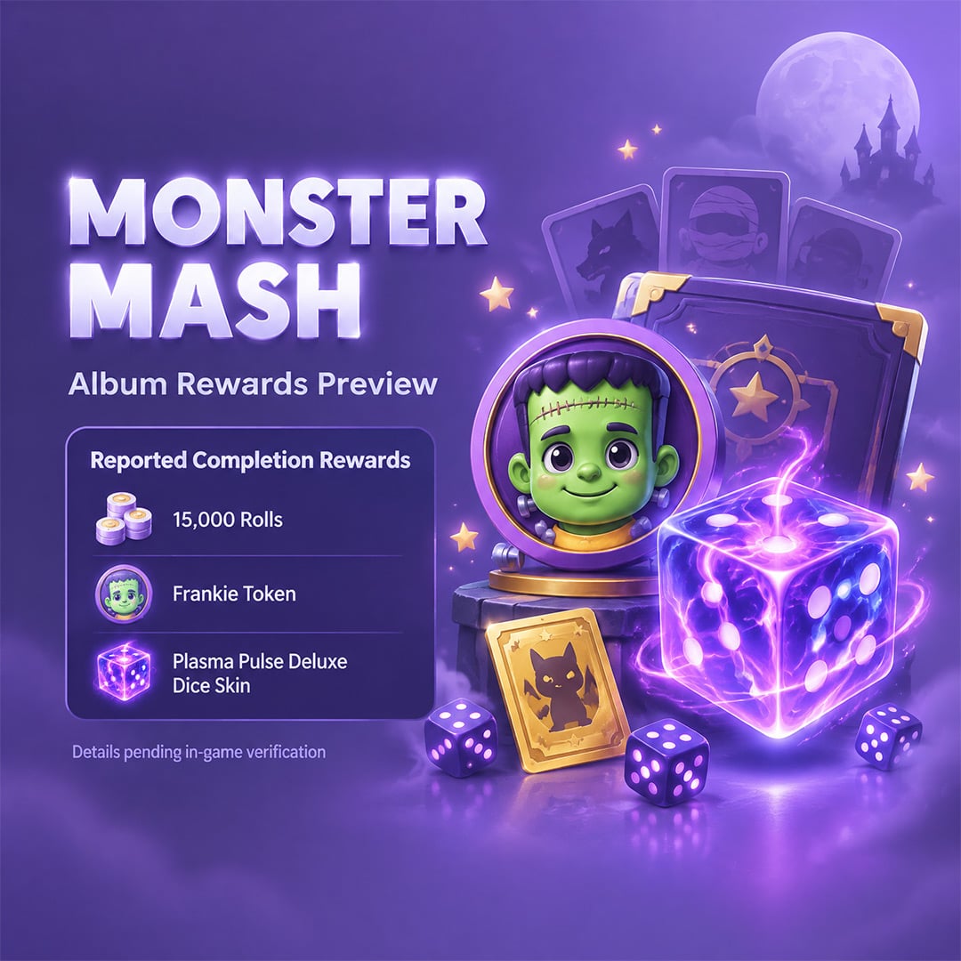 Monster Mash Completion Rewards Featuring A Frankie Token And Purple Energy Dice Skin Monster Mash Completion Rewards Featuring A Frankie Token And Purple Energy Dice Skin