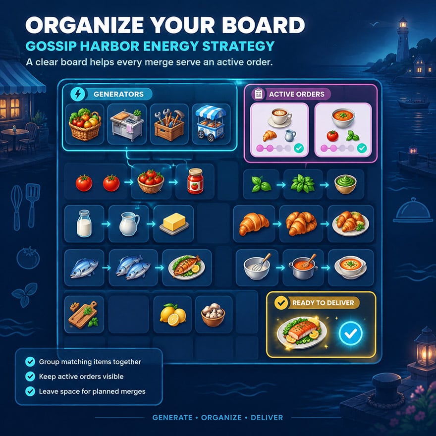 Color-coded Organization Concept For Generators, Active Orders, And Merge Chains On A Mobile Game Board