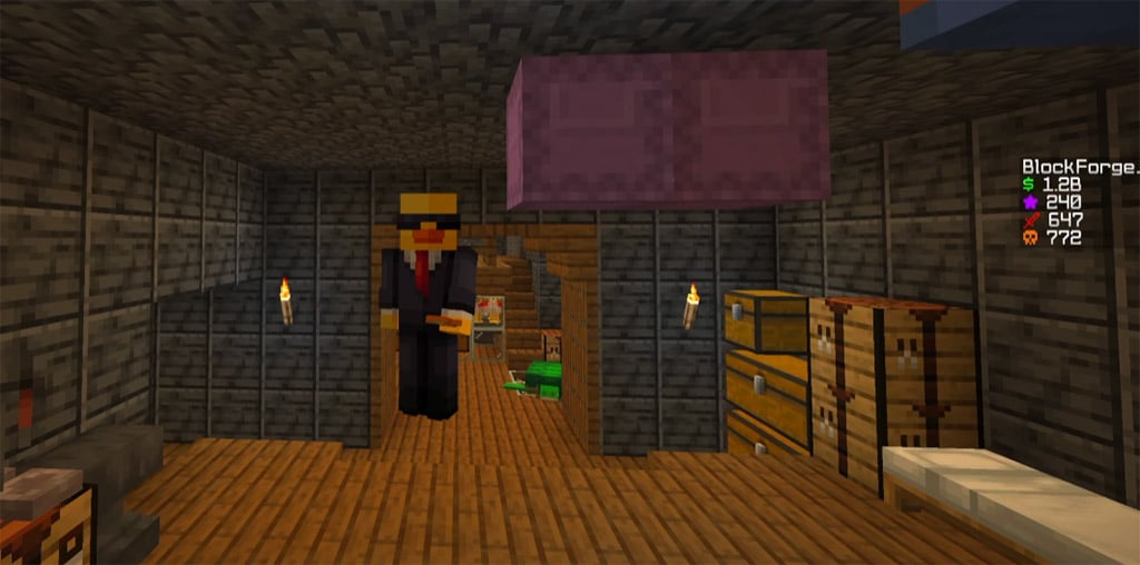 Organized Minecraft villager trading hall with lecterns and secure containment cells
