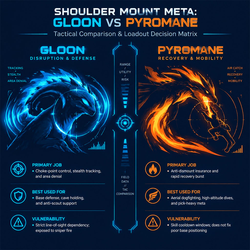 Split comparison showing Gloon area disruption mechanics alongside Pyromane rider recovery mechanics