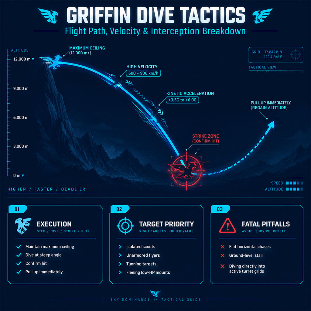 Tactical diagram illustrating a Griffin executing a curved dive attack against an exposed enemy flyer