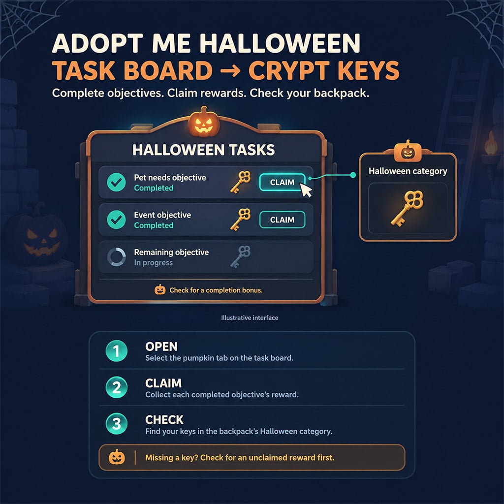 In-game interface of the Adopt Me Halloween task board showing completed tasks and claimable Crypt Keys