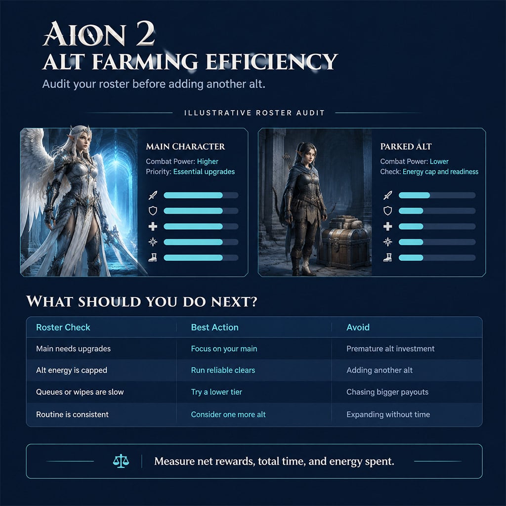 AION 2 character selection screen showing main character combat power versus parked alt AION 2 character selection screen showing main character combat power versus parked alt
