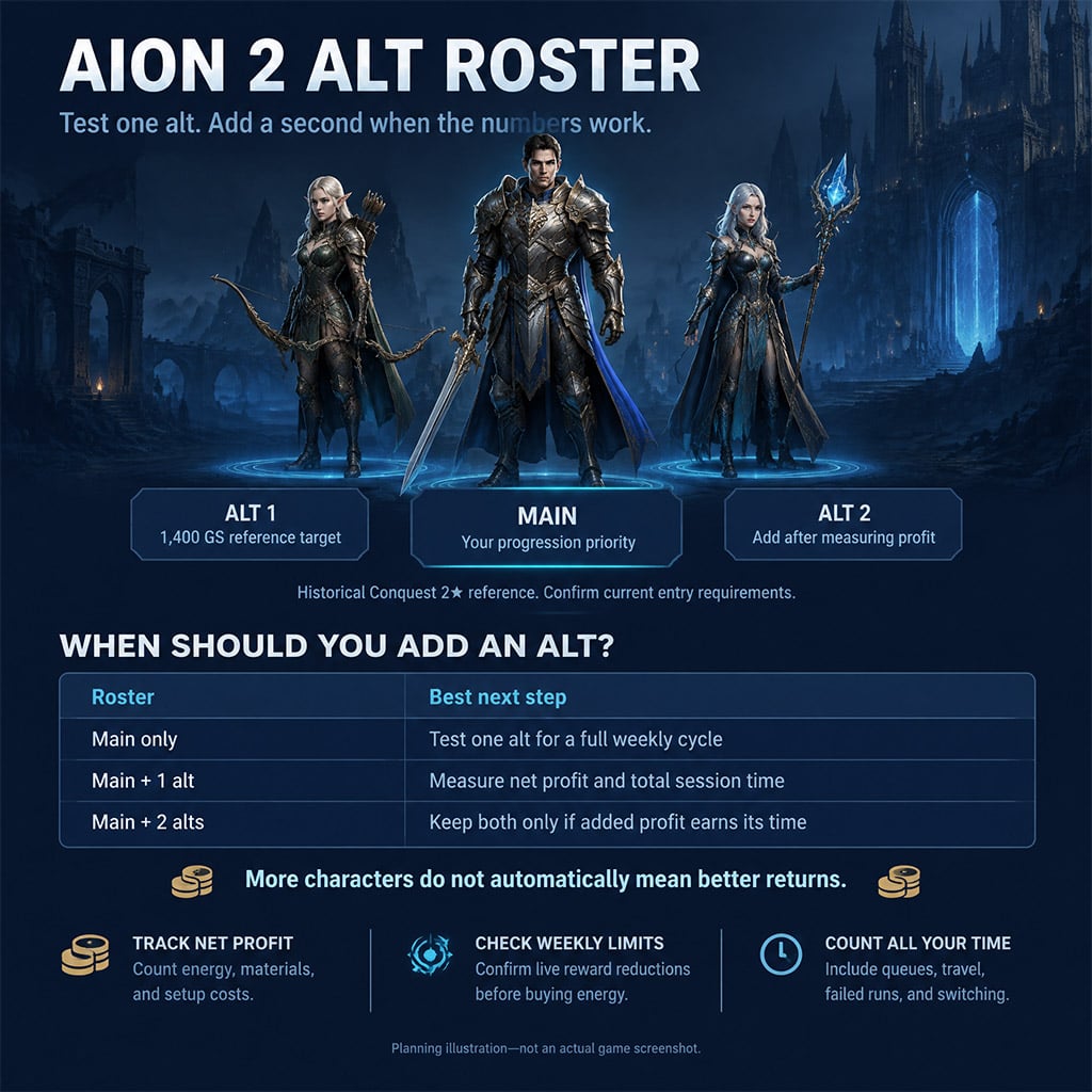 Aion 2 character selection screen with main and two 1400 gear score alts