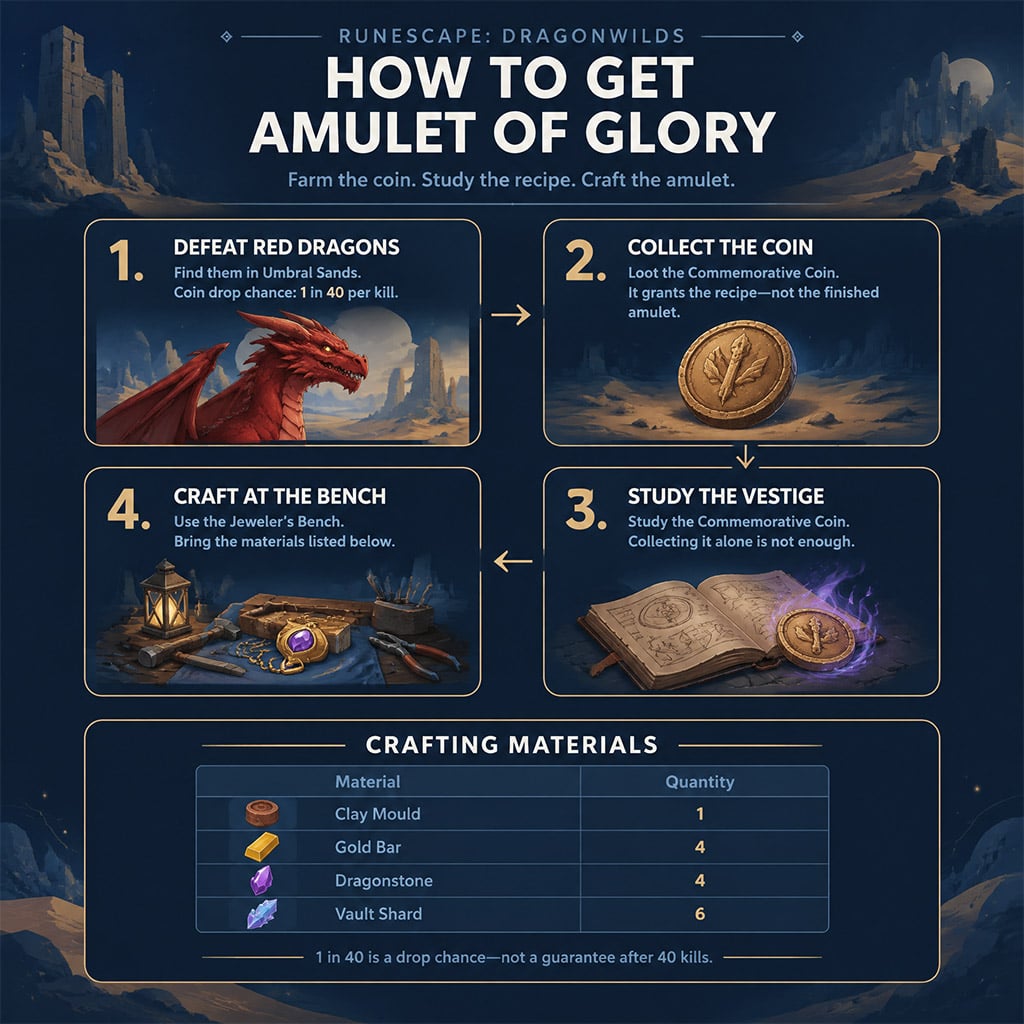 Four-step process from Red Dragon kill to crafting the Amulet of Glory.