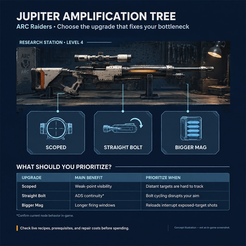 ARC Raiders Level 4 Research Station menu displaying all three Jupiter amplification nodes