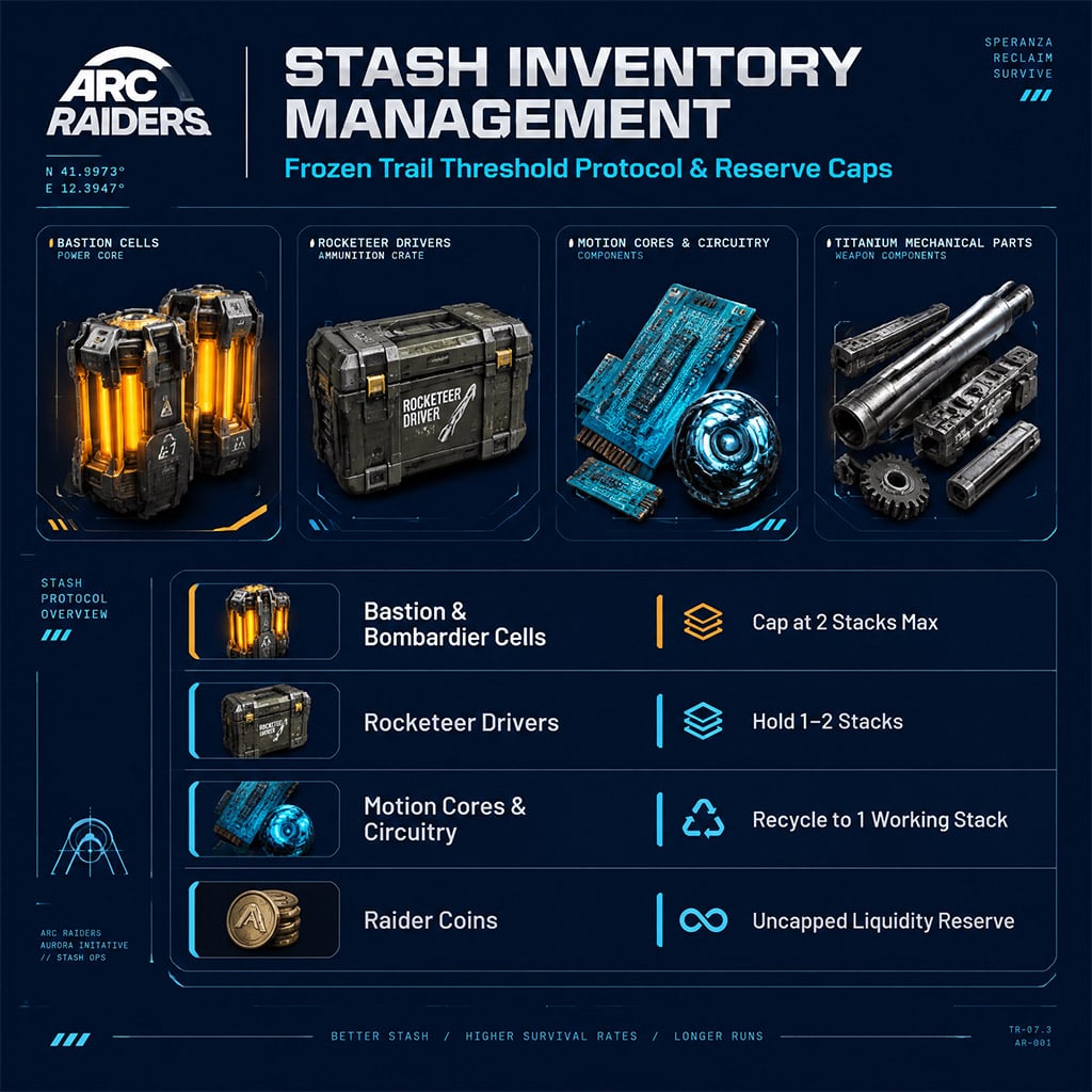 ARC Raiders stash interface showing categorized ARC parts and component stacks