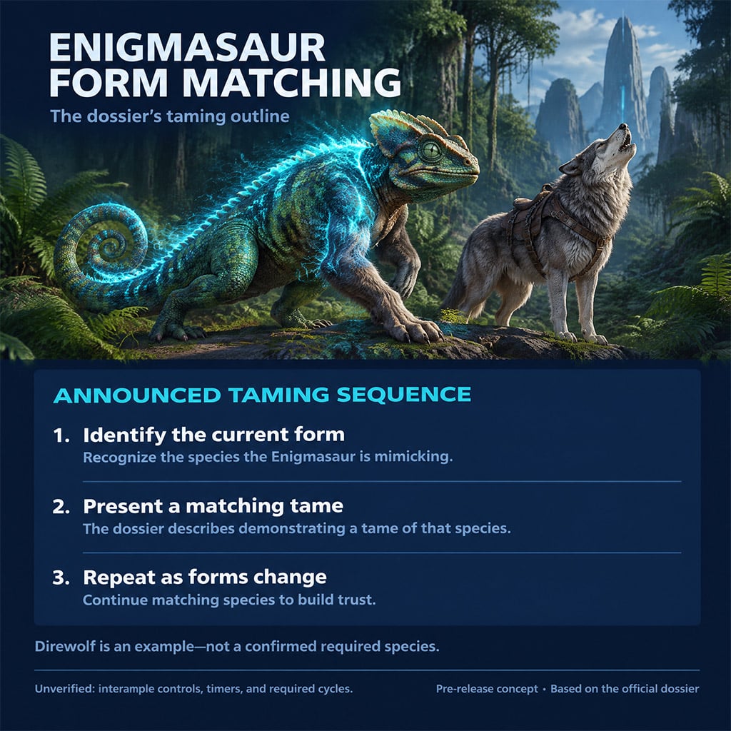 Enigmasaur shifting forms beside a tamed Direwolf in ARK Survival Ascended Enigmasaur shifting forms beside a tamed Direwolf in ARK Survival Ascended