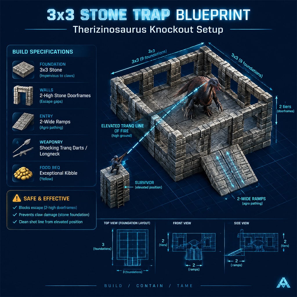 Diagram of a 3x3 stone doorframe trap holding an aggressive Therizinosaurus in ARK
