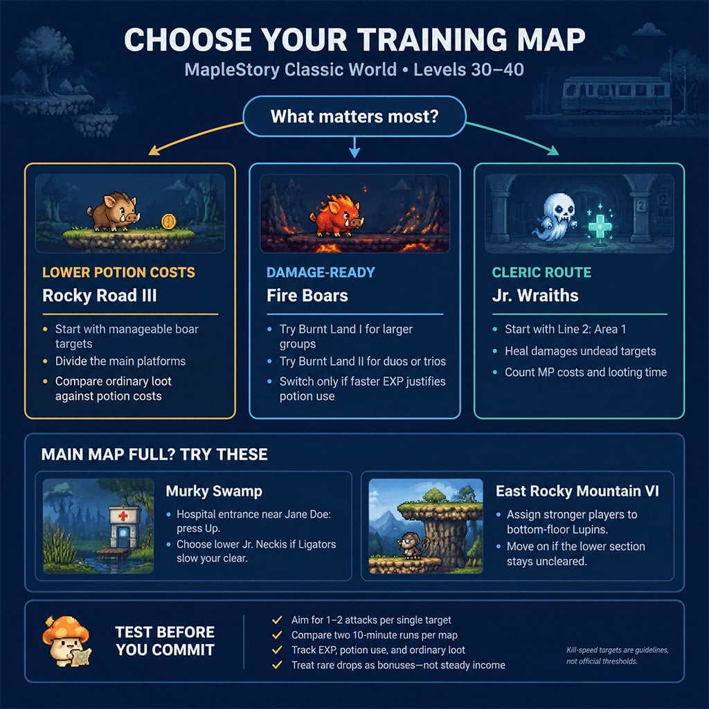 Training-map decision chart comparing boars, swamp monsters, and Jr. Wraiths Training-map decision chart comparing boars, swamp monsters, and Jr. Wraiths