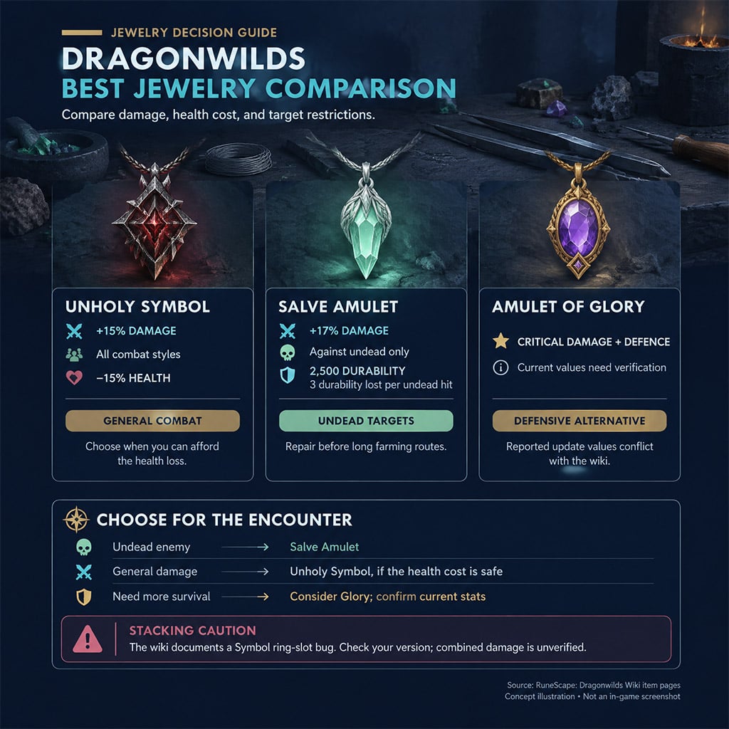 In-game comparison of Unholy Symbol, Salve Amulet, and Amulet of Glory stats at the Jeweler's Bench