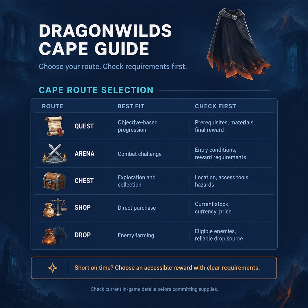 Decision chart comparing quest, arena, chest, shop, and drop cape routes