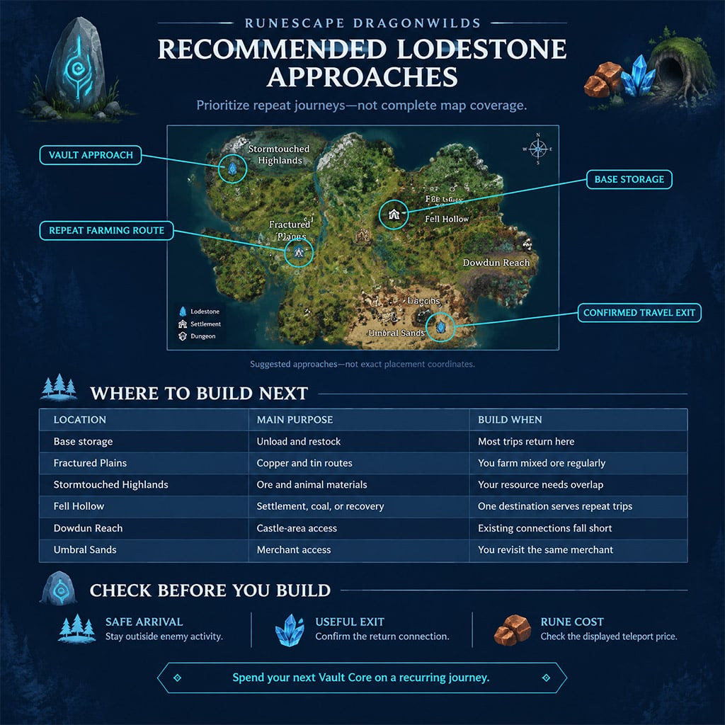 Annotated game map showing recommended Lodestone approaches and nearby landmarks