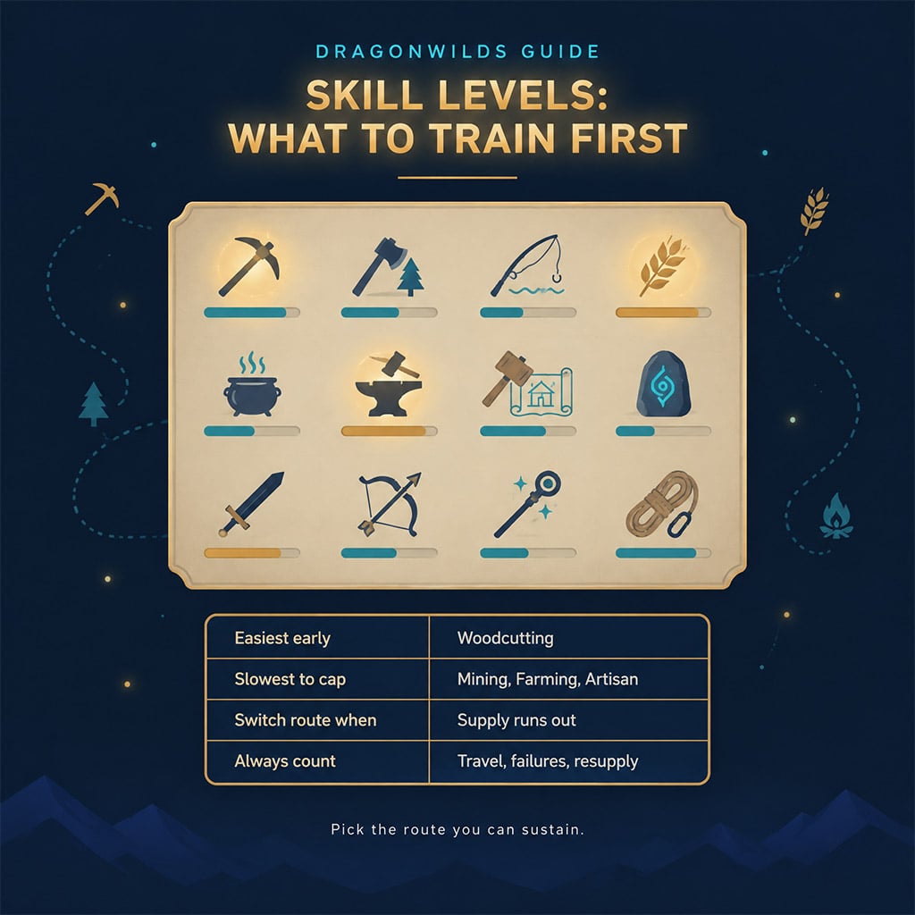 Skills menu showing levels across all Dragonwilds skills