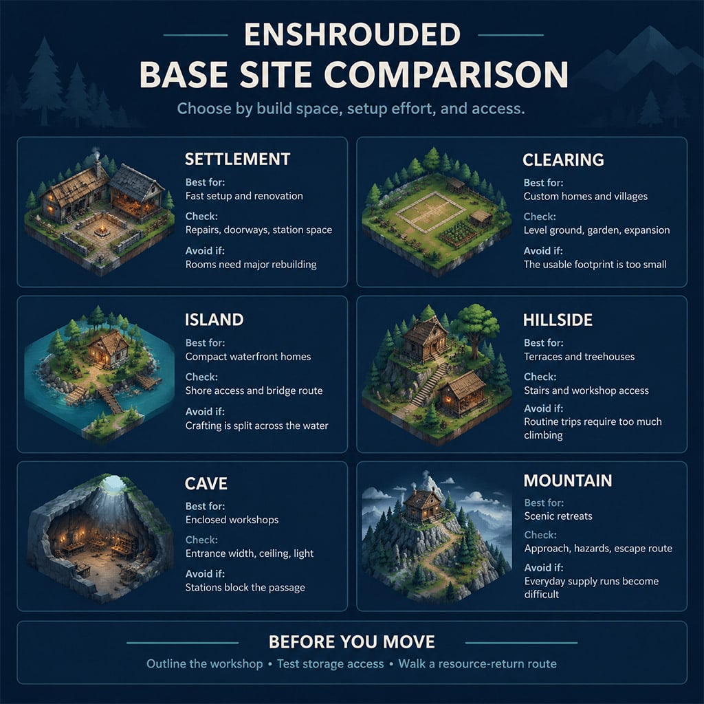 Six base-site types compared by layout and access. Six base-site types compared by layout and access.