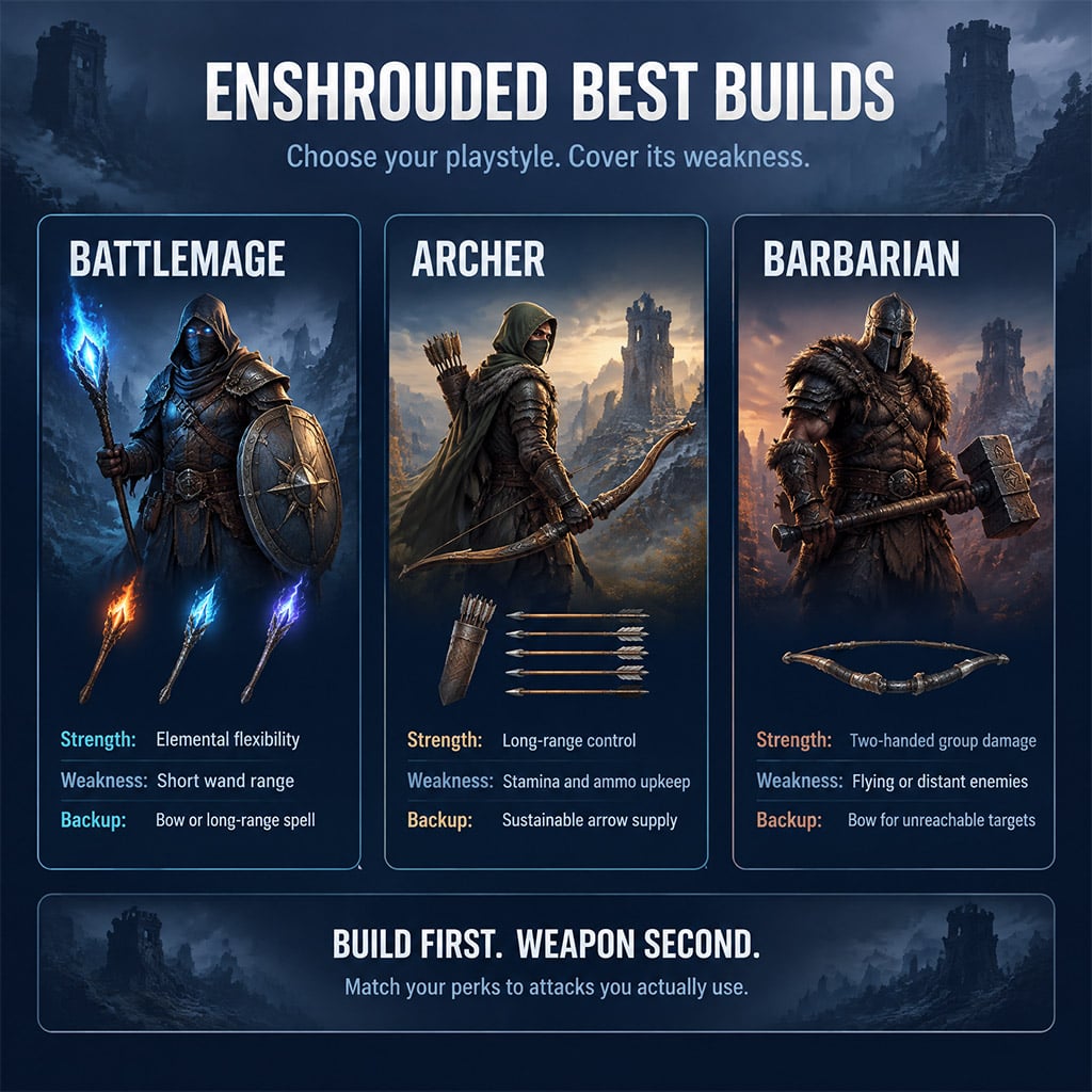 Battlemage, Archer, and Barbarian loadouts with elemental and ranged backup weapons. Battlemage, Archer, and Barbarian loadouts with elemental and ranged backup weapons.