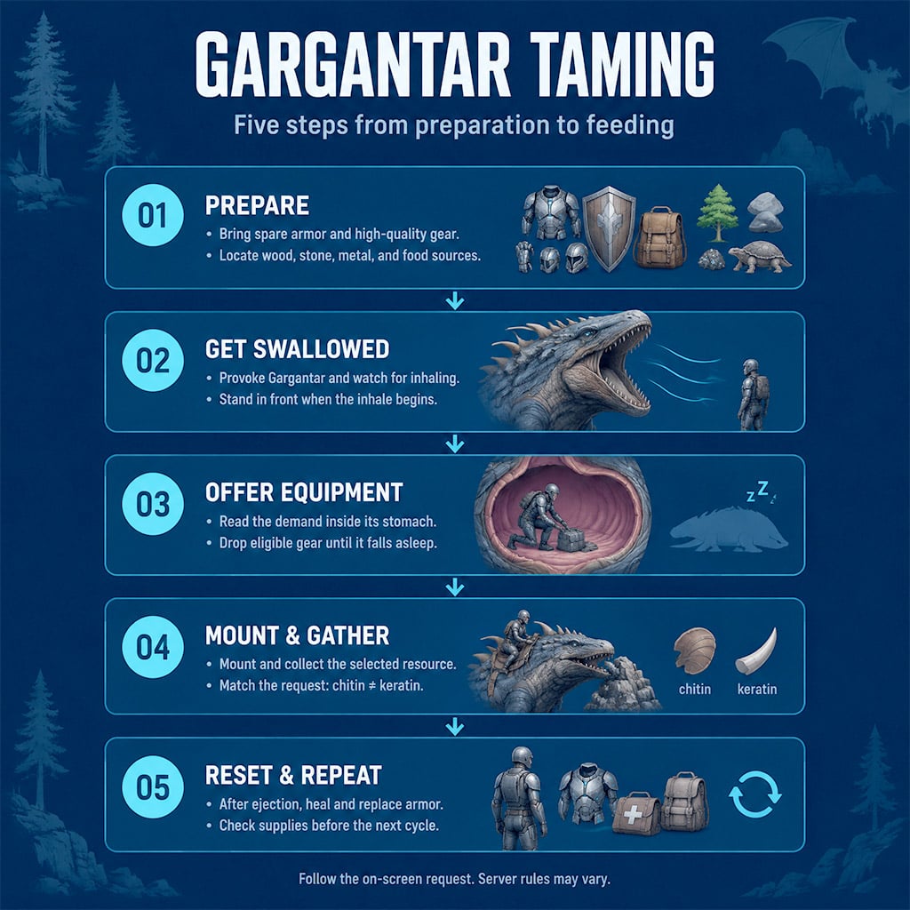 Five-stage Gargantar taming sequence from preparation to feeding