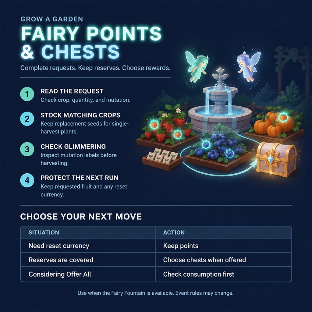 Illustrated garden crops beside a fairy fountain and chest.